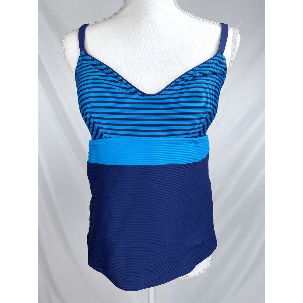 Lands' End Women Size 12 Blue Striped Swim Top Tankini Soft Cup Swimsuit